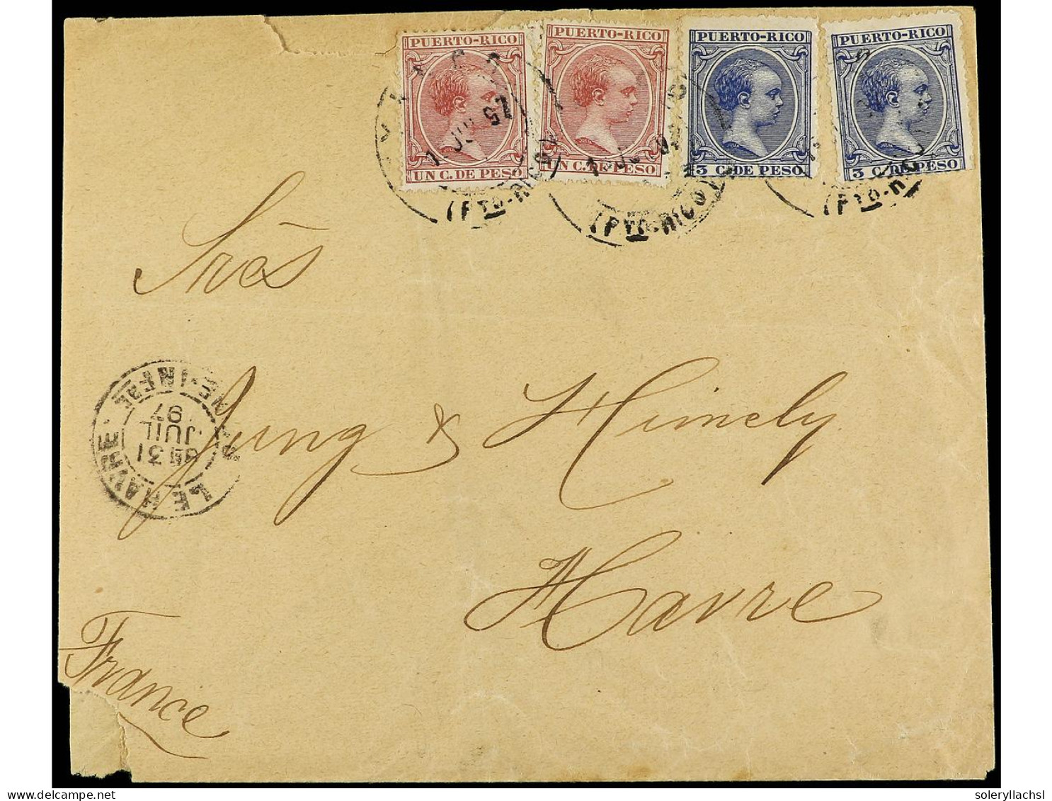 PUERTO RICO. 1897. YAUCO A FRANCIA. 1 Ctvo. Rojo (2) Y 3 Cts. Azul (2). Precioso Franqueo. - Otros & Sin Clasificación