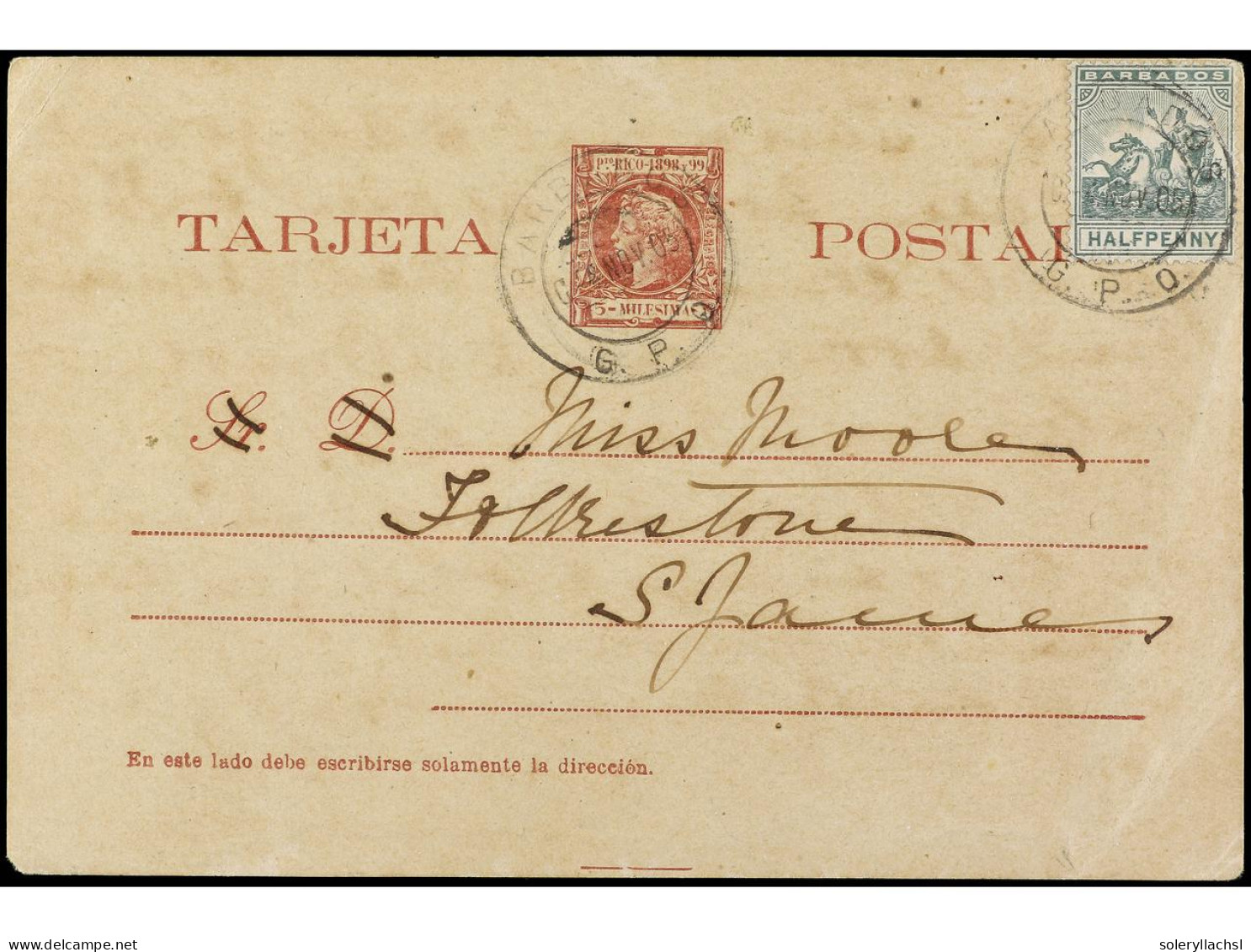 PUERTO RICO. 1905. Entero Postal De 5 Mils. Carmín Circulada En BARBADOS Con Sello Adicional De 1/2 P. Verde, Al Dorso L - Andere & Zonder Classificatie