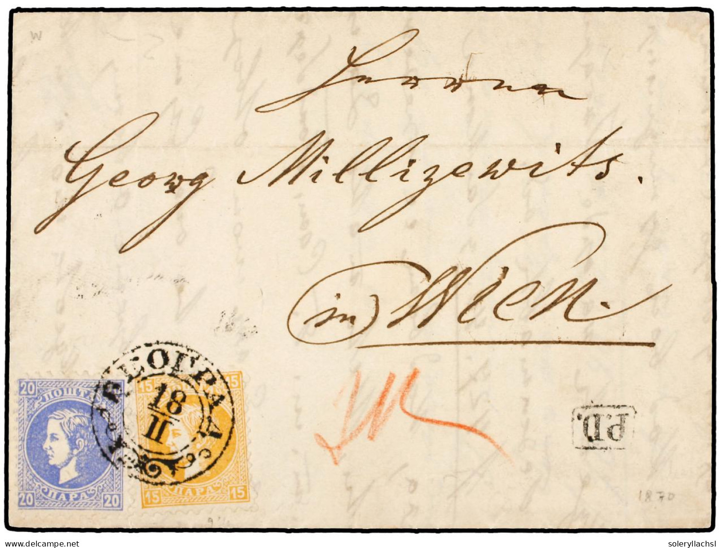 SERBIA. 1870 (18 Feb.). BELGRADE To WIEN. 15 Pa. Yellow And 20 Pa. Blue All Perf. 9 1/2 X 12, Tied By BEOGRAD Cds. WIEN  - Other & Unclassified