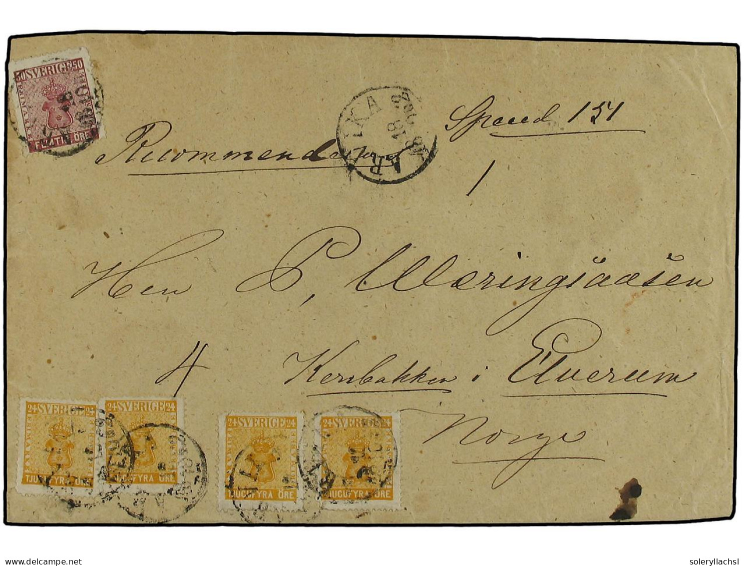 SUECIA. 1862. ARVIKA A ELVERUN (Noruega). 24 Ore Amarillo (4) Y 50 Ore Carmín, Carta Certificada. Manuscrito 'Recommende - Otros & Sin Clasificación