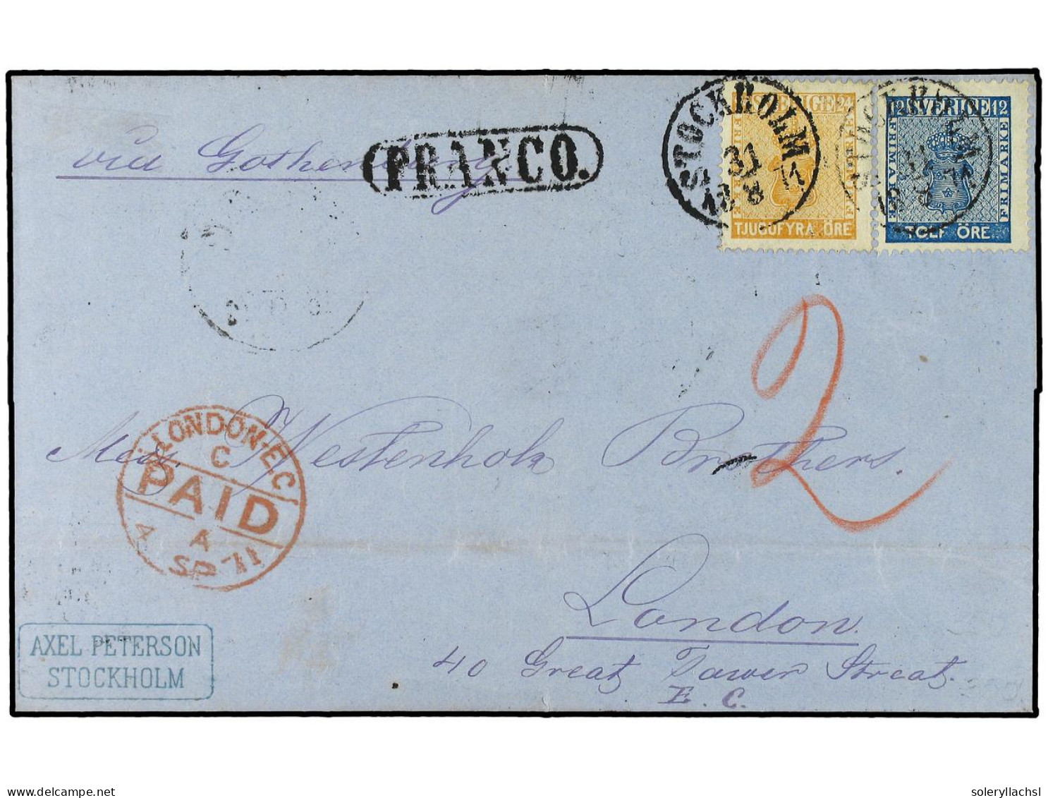 SUECIA. 1871. Wrapper To London Franked 12 & 24 Ore Tied By Stockholm Date Stamp. Obverse Bears Oval-framed 'Franco' And - Altri & Non Classificati