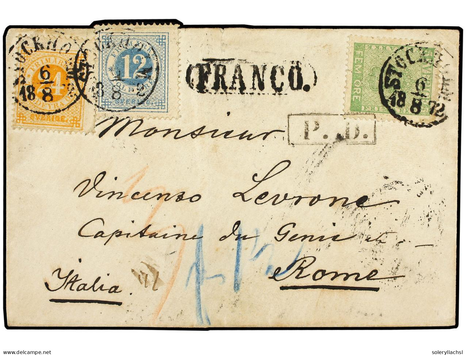 SUECIA. 1872 (Aug. 6). Small Envelope To ROME With Mixed Issue Franking Of 1858 5ö. Green And 1870 12ö. Pale Blue And 24 - Andere & Zonder Classificatie