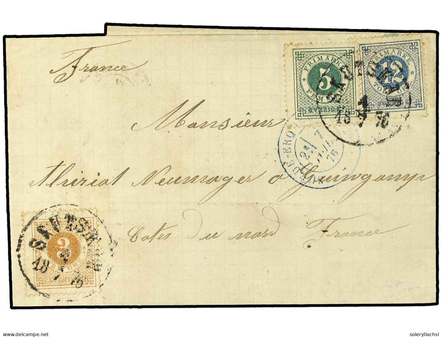 SUECIA. 1876. Entire Letter To FRANCE Bearing Finr Three Colour Franking Of 1872 3 O. Bistre, 5 O. Green And 12 O. Blue  - Autres & Non Classés