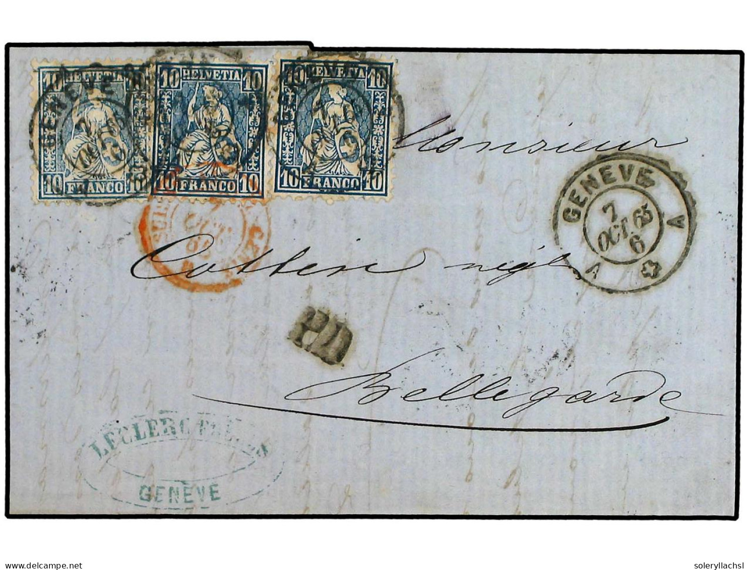 SUIZA. 1865. Entire Letter To BELLGARDE Franked By Two Shades Of 1862 10 C. Pale Blue And 2x10 C. Deep Blue Tied By GENE - Andere & Zonder Classificatie