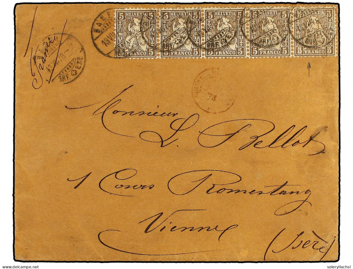 SUIZA. 1878 (July 9). Cover To Vienna Franked By Late Usage Of 1862-64 5c. Brown In A Fine Horizontal Strip Of Five Tied - Autres & Non Classés