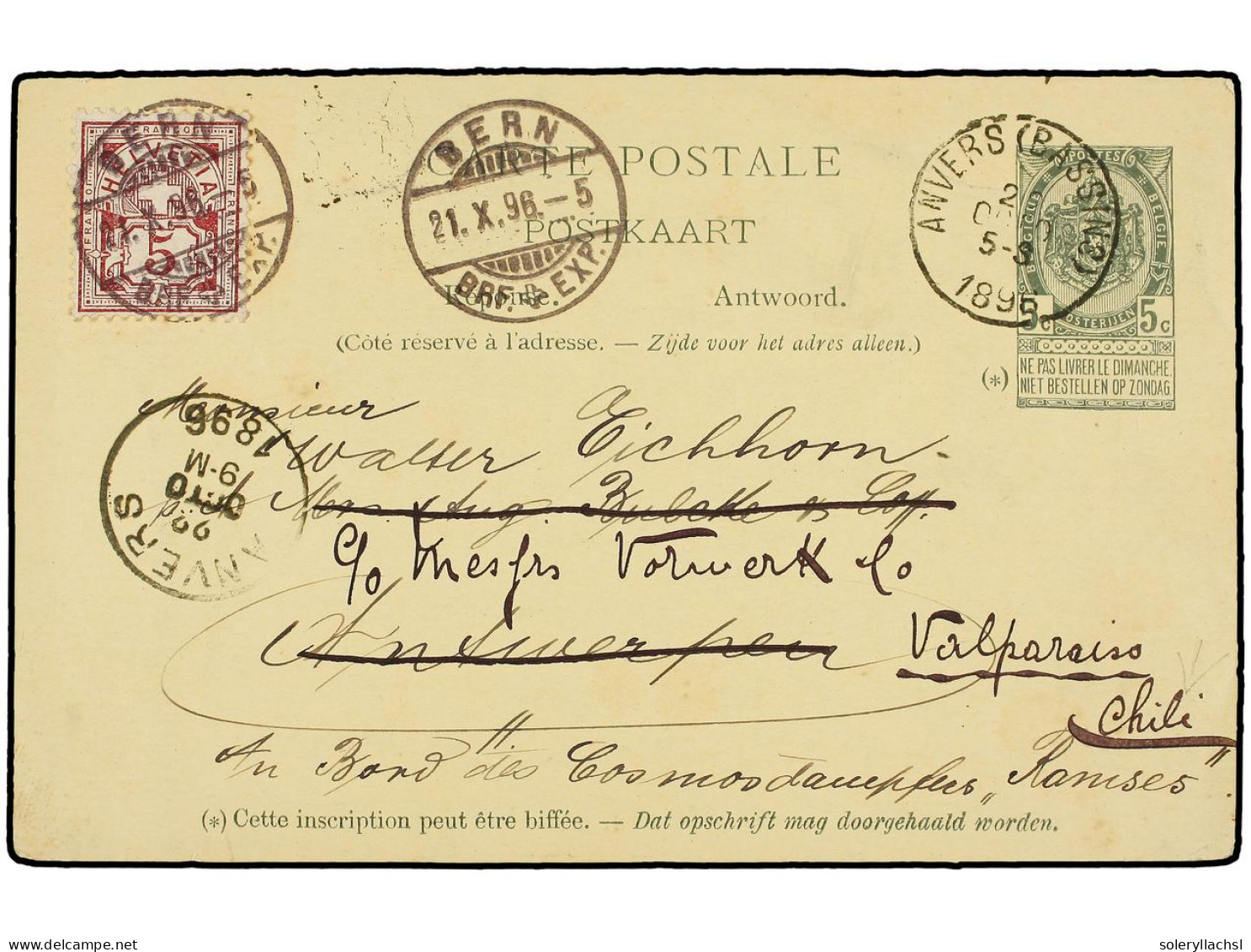 SUIZA. 1896. BERN A ANVERS (Bélgica). 5 Rp. Lila Rojo Sobre Entero Postal Belga De 5 Cts. Verde, La Tarjeta Fue Reexpedi - Other & Unclassified