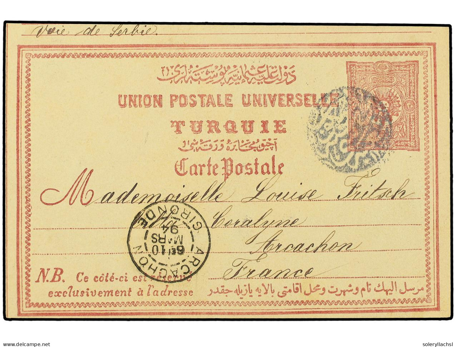 TURQUIA. 1894. MACEDONIA. Postal Stationary Card Used From BITOLIA To FRANCE Showing All Arabic Negative USKUP Seal (C/W - Andere & Zonder Classificatie
