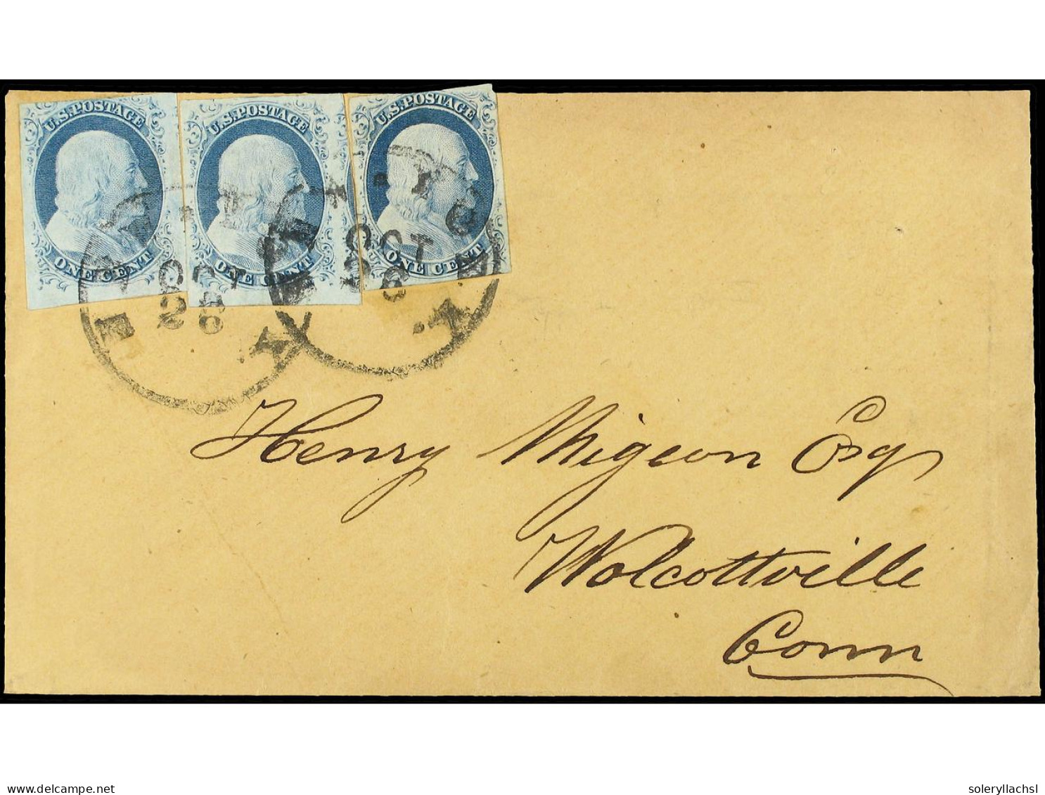 ESTADOS UNIDOS. 1851. 1c. Deep Blue Imperforate, Three Fine Single Examples (Types II And III) Used On Cover To WALCOTTV - Other & Unclassified