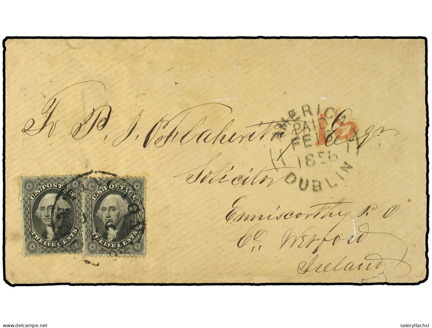 ESTADOS UNIDOS. 1858. Envelope To IRELAND Bearing 12 Cents Black (2) (Scott 36) Plate 1 Tied By HUNTINGTON IND. Datestam - Sonstige & Ohne Zuordnung