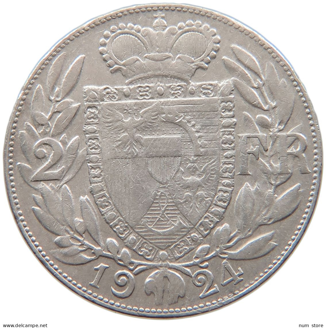 LIECHTENSTEIN 2 FRANKEN FRANCS 1924  Johan II. 1858-1929 #t029 0081 - Liechtenstein