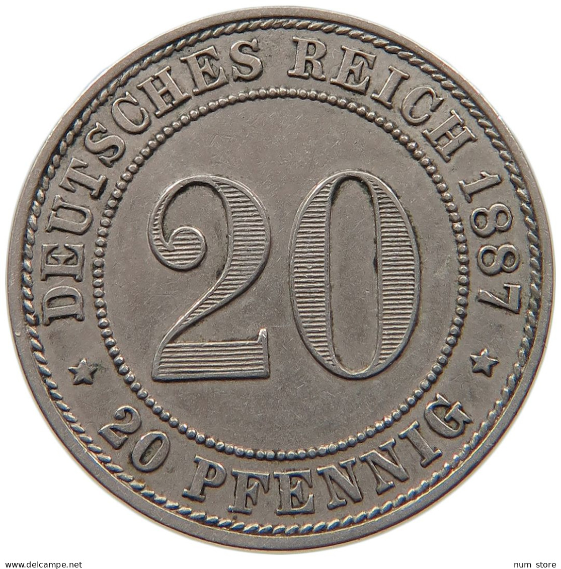 KAISERREICH 20 PFENNIG 1887 J  #t029 0169 - 20 Pfennig