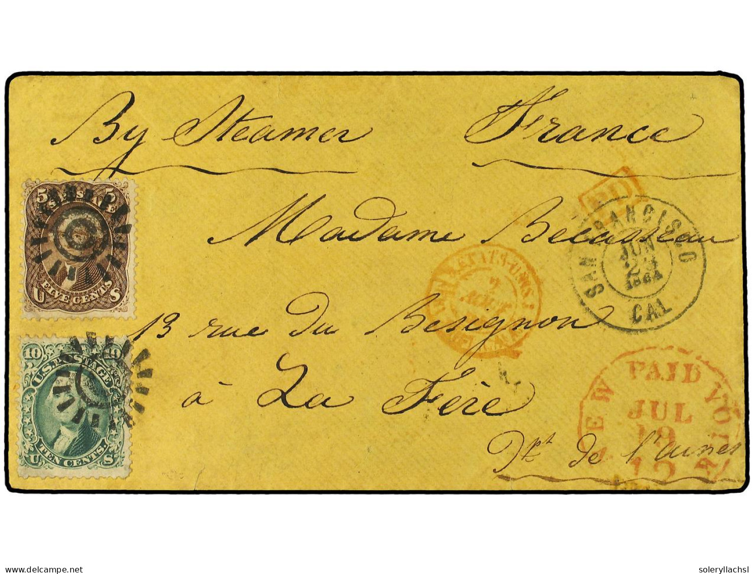 ESTADOS UNIDOS. 1864. 10 C. Yellow Green, 5c. Brown (68,76). Tied By Cogwheels, SAN FRANCISCO CAL Jun 23, 1864 Double-ci - Autres & Non Classés