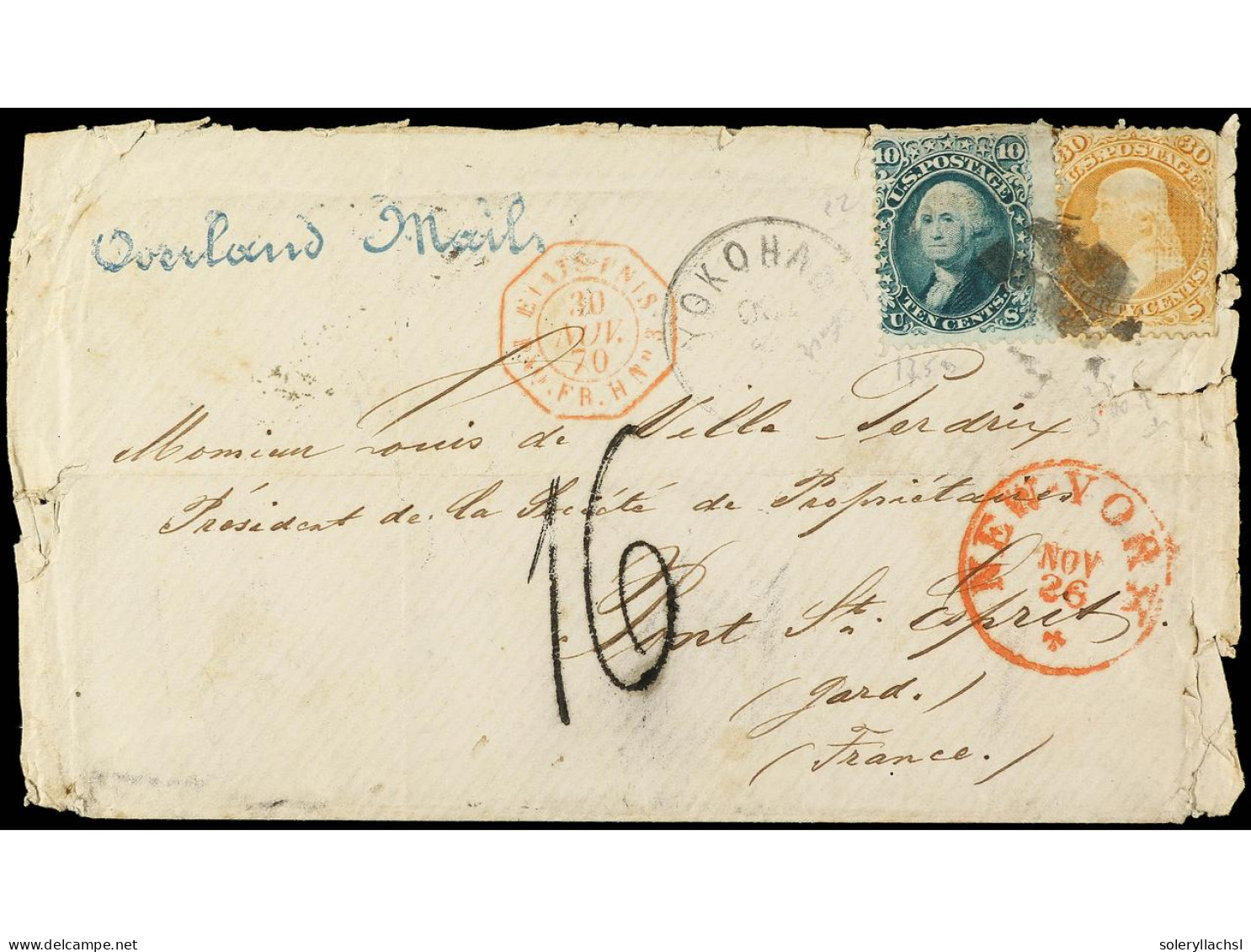 ESTADOS UNIDOS. 1870. YOKOHAMA (Japan) To PONT ST. ESPRIT (France). 10 C. Green (grill F) And 30 C. Orange (grill F, Sho - Other & Unclassified