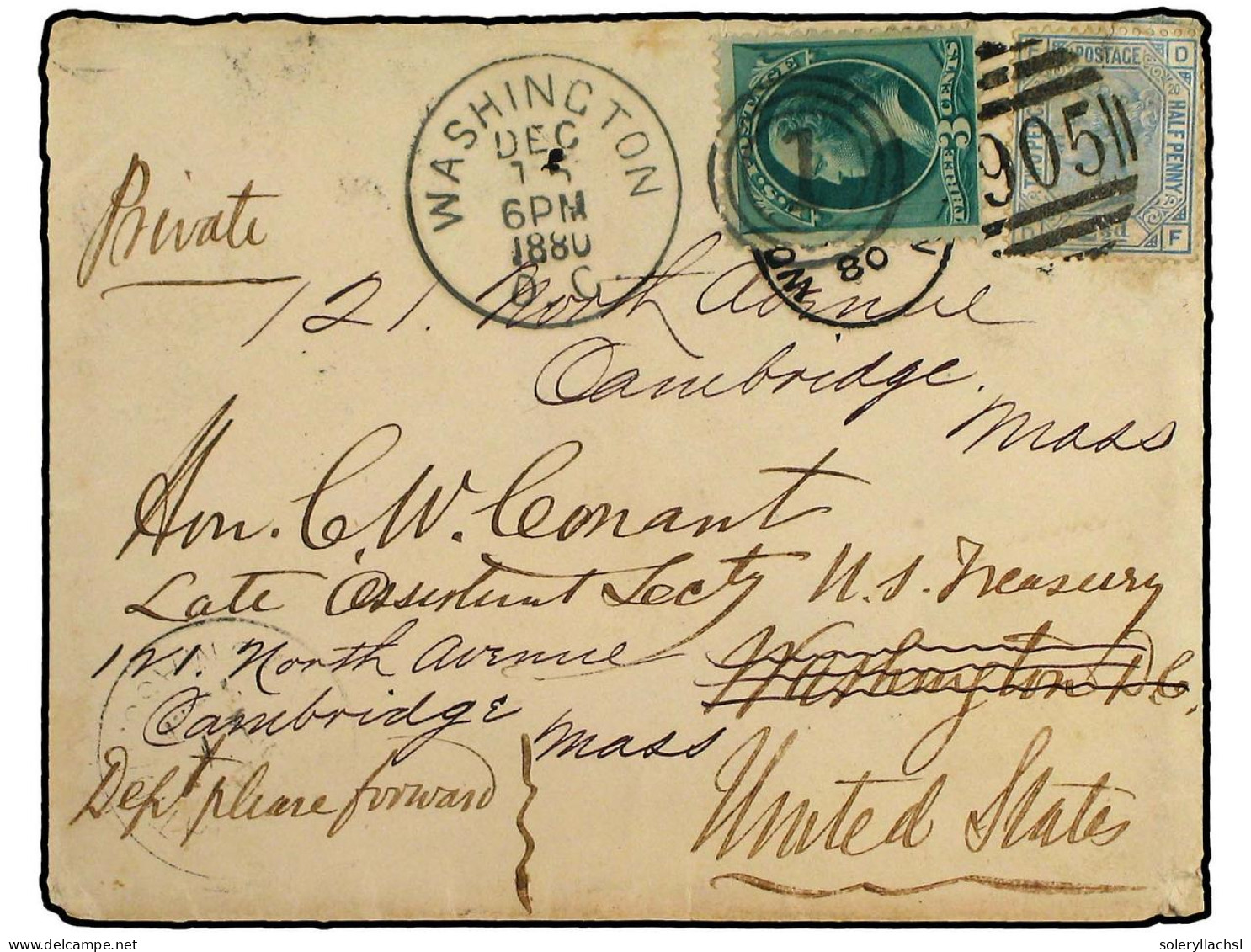 ESTADOS UNIDOS. 1880(Dec 15). Cover To USA Franked By GB 2½d Pale Blue Plate 20 Tied By Wolverhampton-905 Duplex. On Arr - Sonstige & Ohne Zuordnung