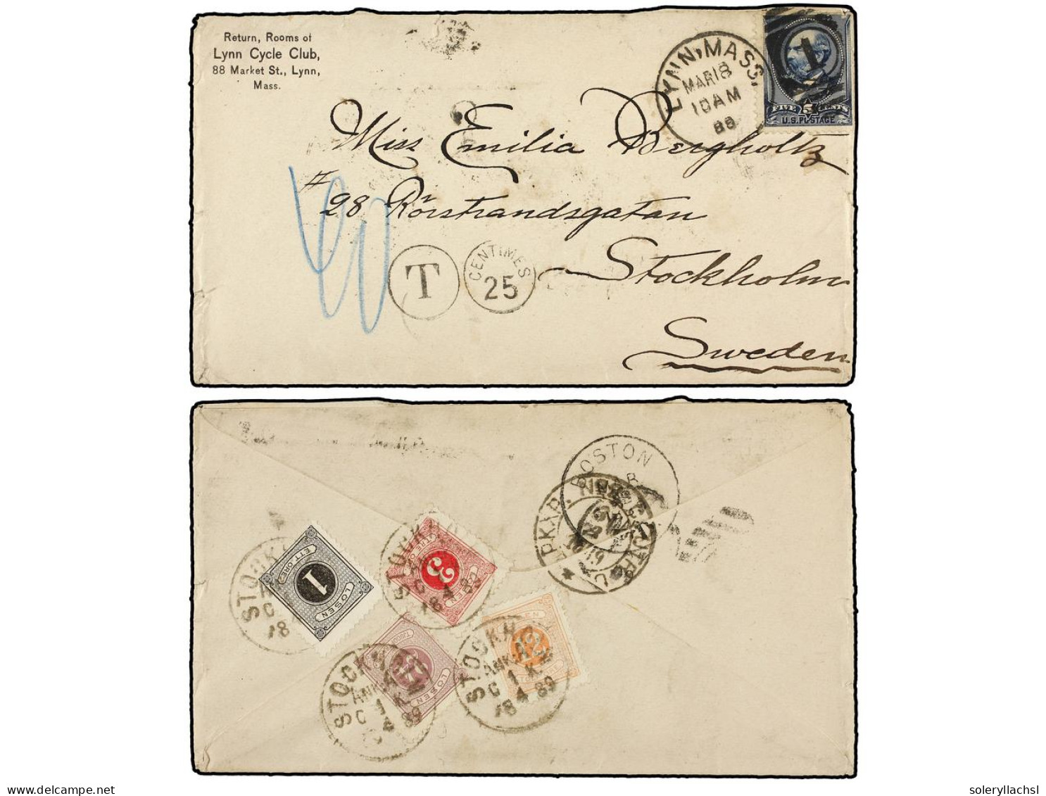 ESTADOS UNIDOS. 1888. LYNN (Mass. Usa) To SWEDEN. 5 Cts. Blue (faults) Taxed With 25 Cents. On Back Swedish 1 Ore, 3 Ore - Andere & Zonder Classificatie