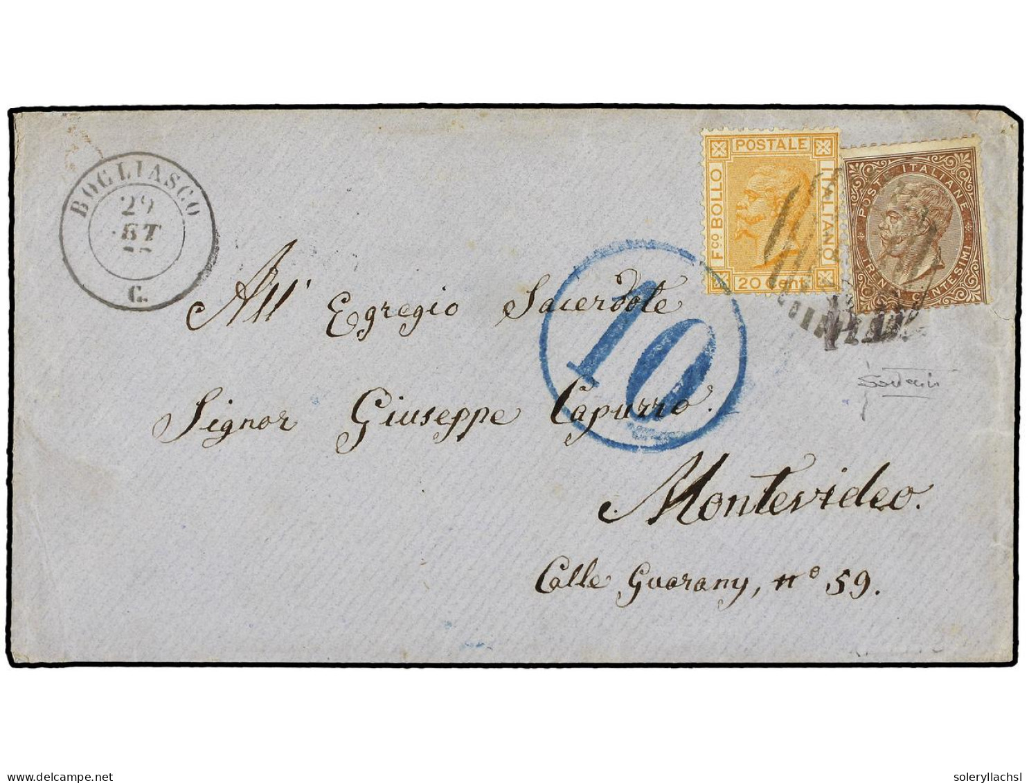 URUGUAY. 1877. BOGLIASCO A MONTEVIDEO. 20 Cts. Naranja Y 30 Cts. Castaño, Mat. Numeral '455'. Carta Circulada A Través D - Altri & Non Classificati