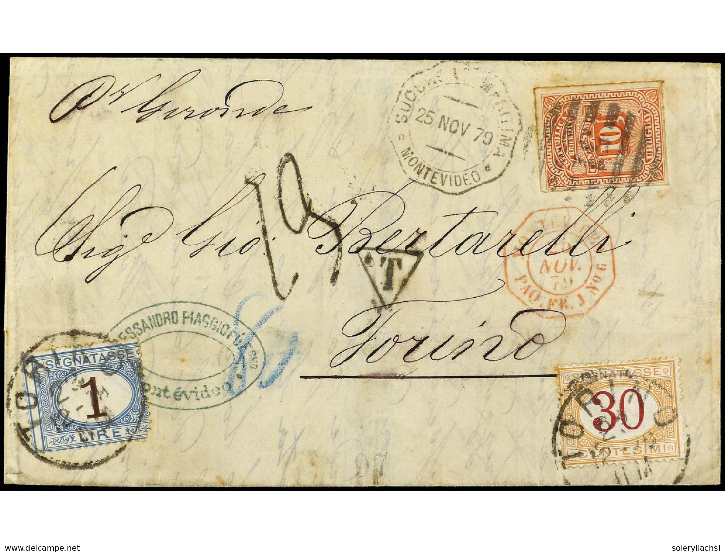 URUGUAY. 1879. MONTEVIDEO A TORINO, Por Paquebot Francés Nº 6. Tasada A La Llegada Con 30 C. Y 1 Lire. Yv.41. - Autres & Non Classés