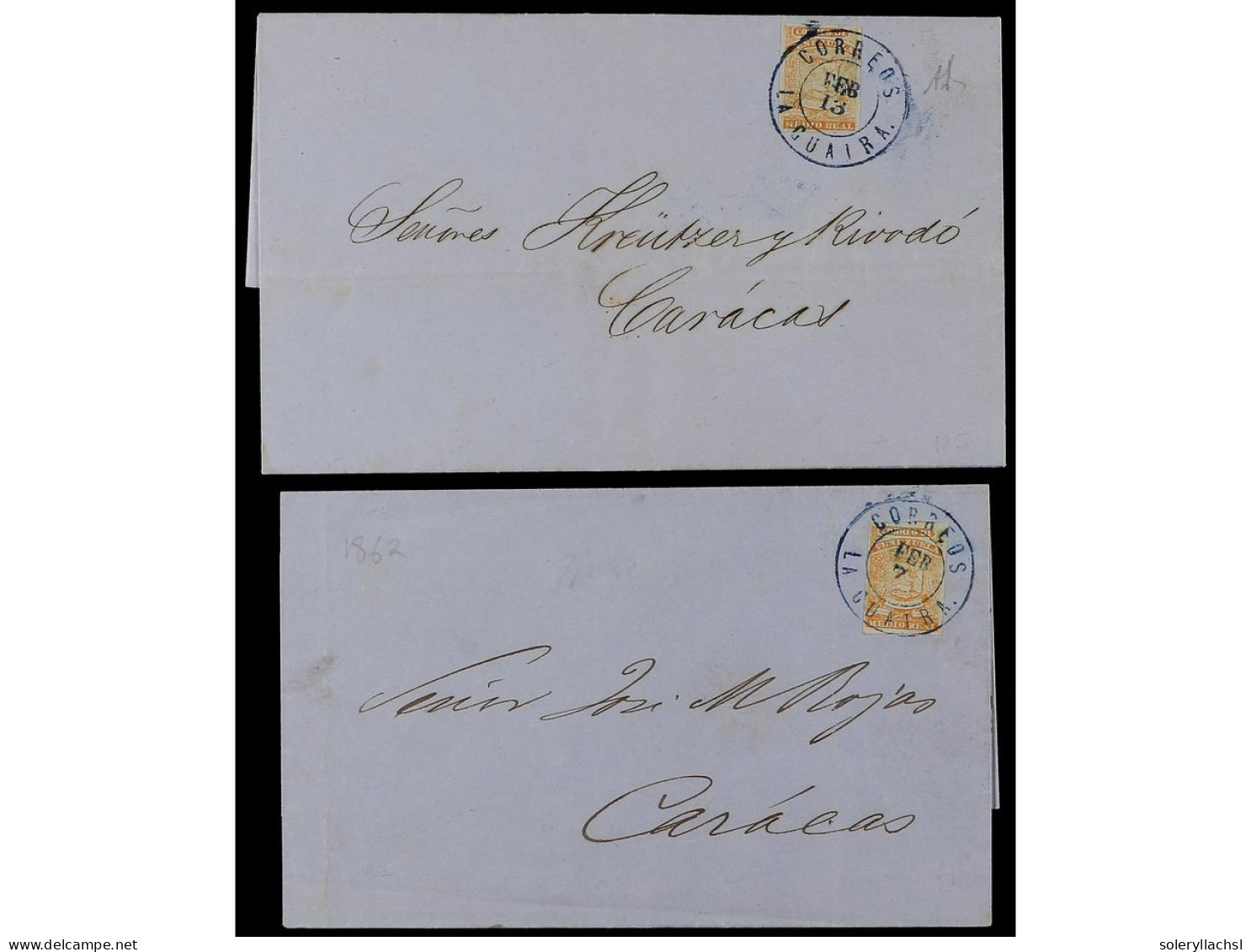 VENEZUELA. 1862. 2 Covers With Yellow 1/2 Real Stamps From La Guaira To Caracas. - Other & Unclassified