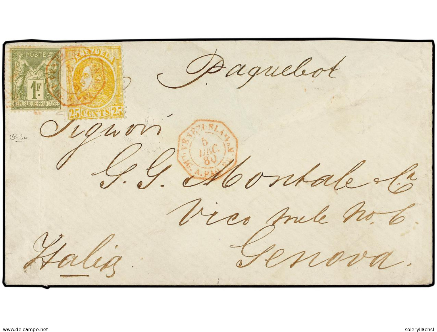 VENEZUELA. 1880 (Dec. 5). Cover To GENOA (Italy) Franked By 1880 Venezuela Rasco 25c. Yellow In Combination With France  - Sonstige & Ohne Zuordnung