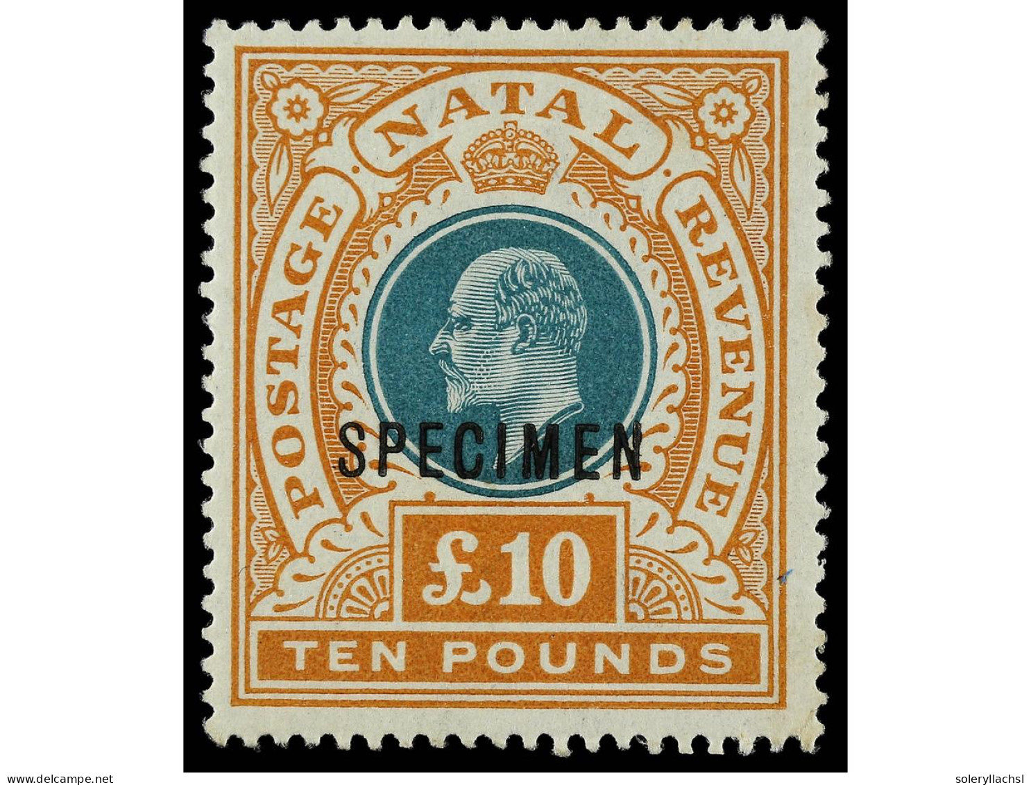 * NATAL. 1902-3. 10 £ Green And Orange, Overprinted 'SPECIMEN', Rich Colours. Original Gum, A Couple Of Minor Bends And  - Autres & Non Classés