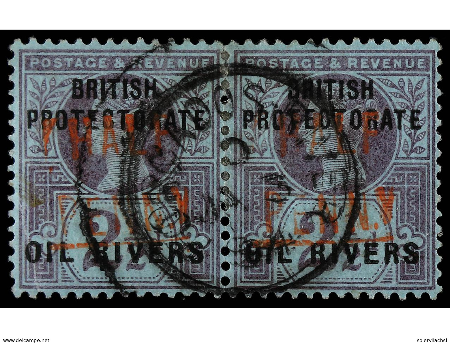 ° COSTA DE NIGER. 1893. PROTECTORATE. 1/2 P. Vermilion On 2 1/2 P. Used Pair. R.P.S. Certificate (1950). Yv. 8 Var. SG.1 - Andere & Zonder Classificatie