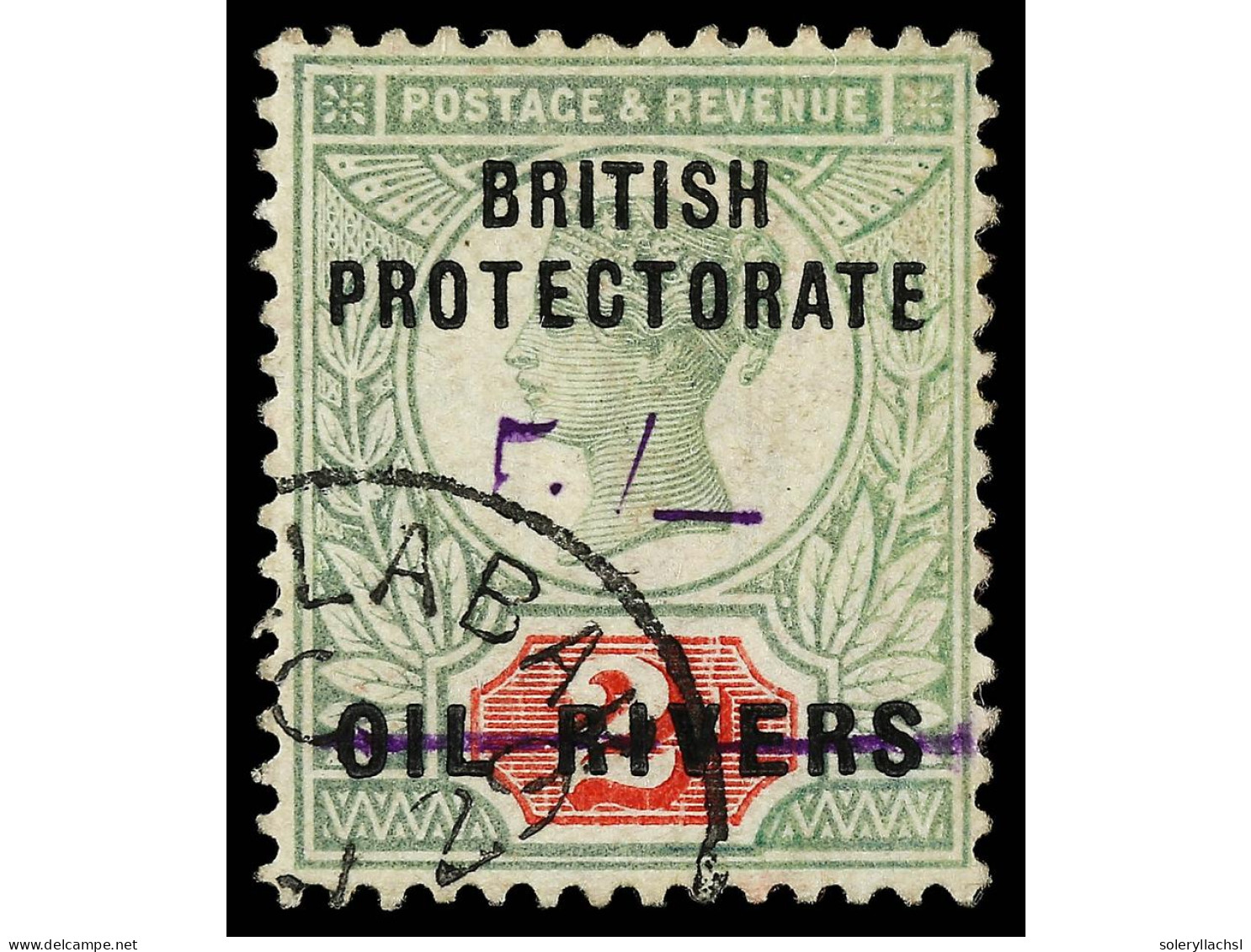 ° COSTA DE NIGER. 1893. PROTECTORATE. 5 S. Violet On 2 P. Green And Carmine, Cancelled CALABAR C.d.s. Only 28 Were Print - Autres & Non Classés