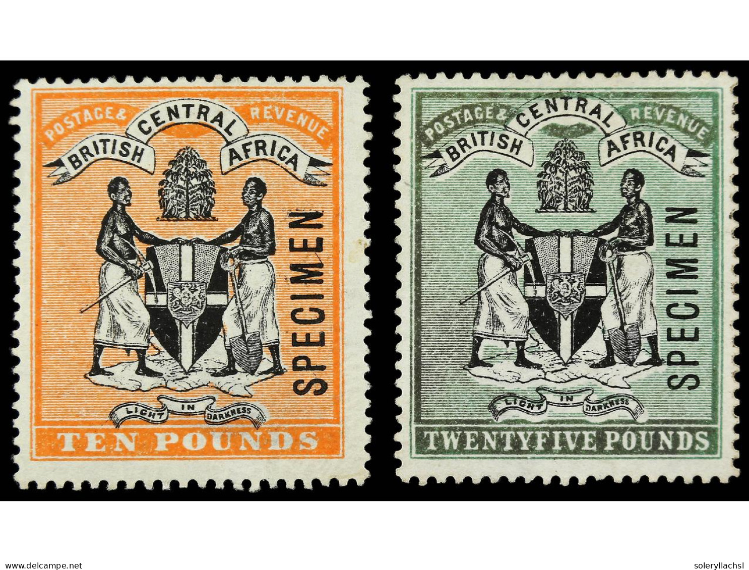 * NYASSALAND. 1896. BRITISH CENTRAL AFRICA. 10 £ Black And Orange (thinned) And 25 £ Black And Green, Overprint SPECIMEN - Autres & Non Classés