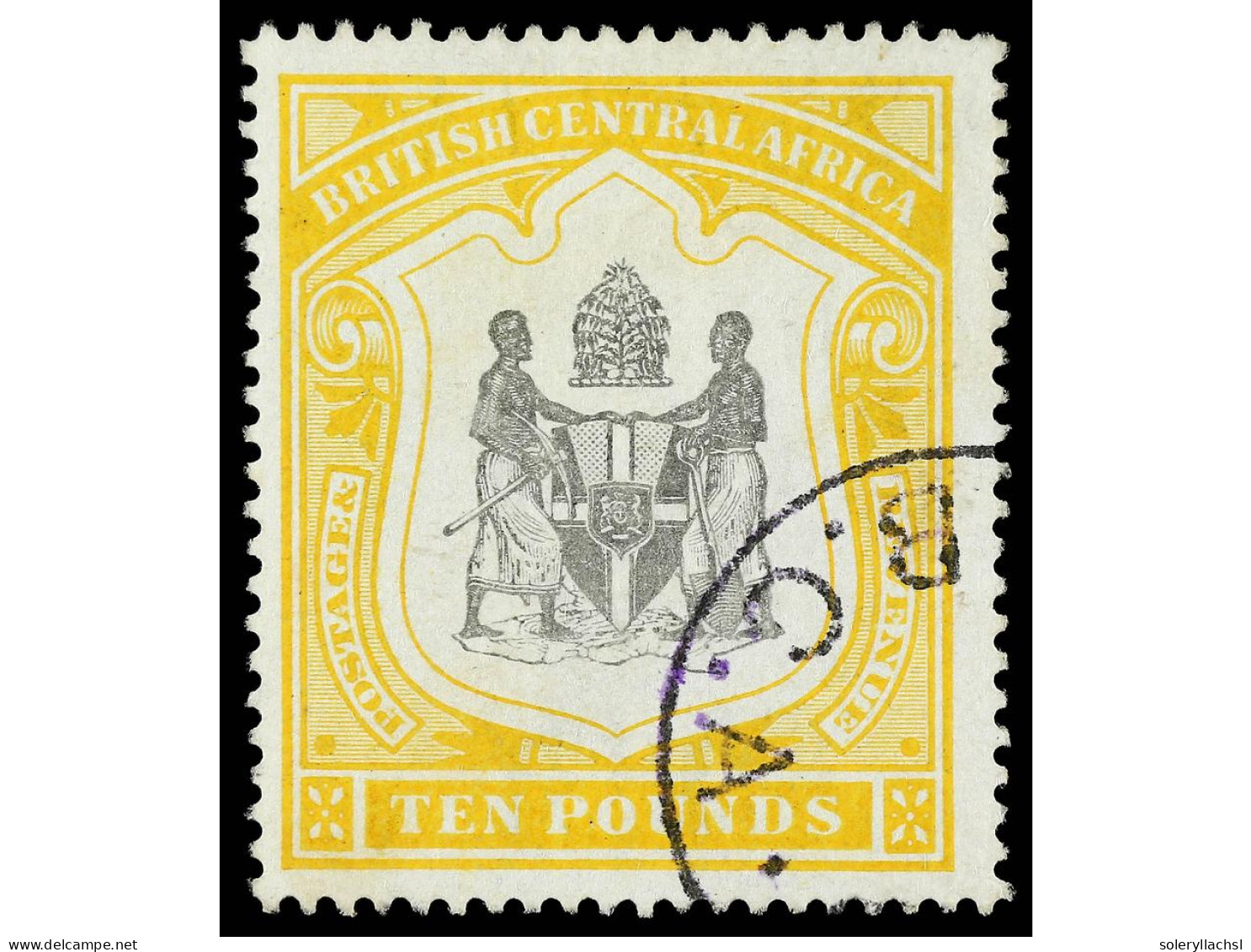 ° NYASSALAND. 1897. BRITISH CENTRAL AFRICA. 10 £ Black And Yellow, C.d.s. Cancellation. RARE. Yv. 52 Cat. 2.500€. SG.52. - Andere & Zonder Classificatie