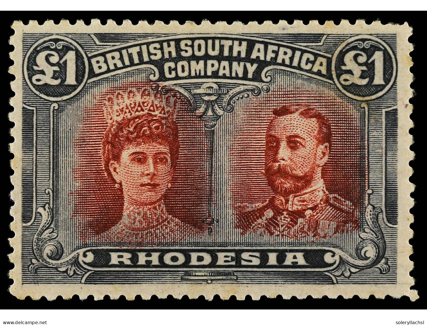 * RHODESIA. 1910. 1 £ Crimson And Slate-black. RARE. Yv. 38 Var. SG.166a. Stanley Gibbons.2.000£. - Other & Unclassified