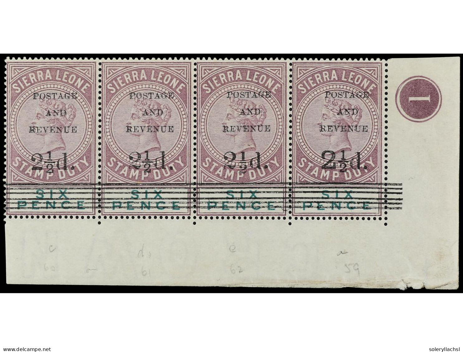 ** SIERRA LEONA. 1897. 2 1/2 P. On 6 P. Dull Purple And Green. Strip Of Four With All Types. Yv. 46 + 46a/c Cat. 690€. S - Sonstige & Ohne Zuordnung