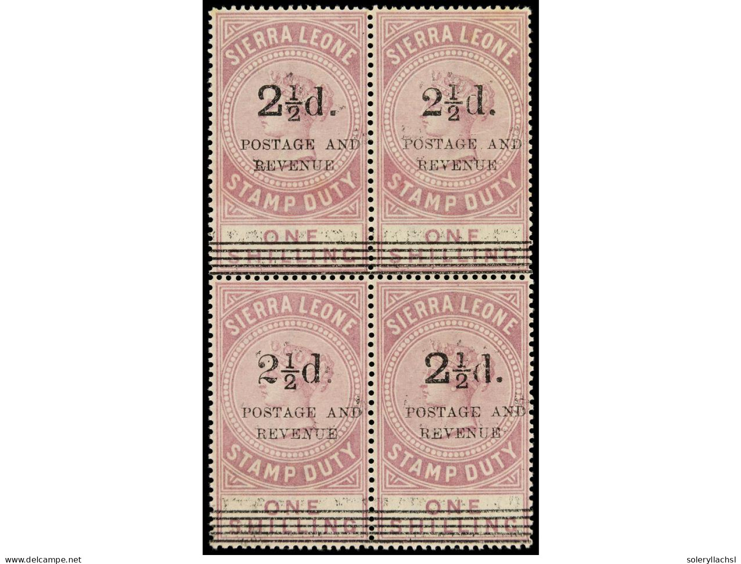 (*) SIERRA LEONA. 1897. 2 1/2 P. On 1 S. Dull Lilac. Block Of Four, No Gum. Water-stained As Usual. Yv. 47 (2), 47 A/b C - Andere & Zonder Classificatie