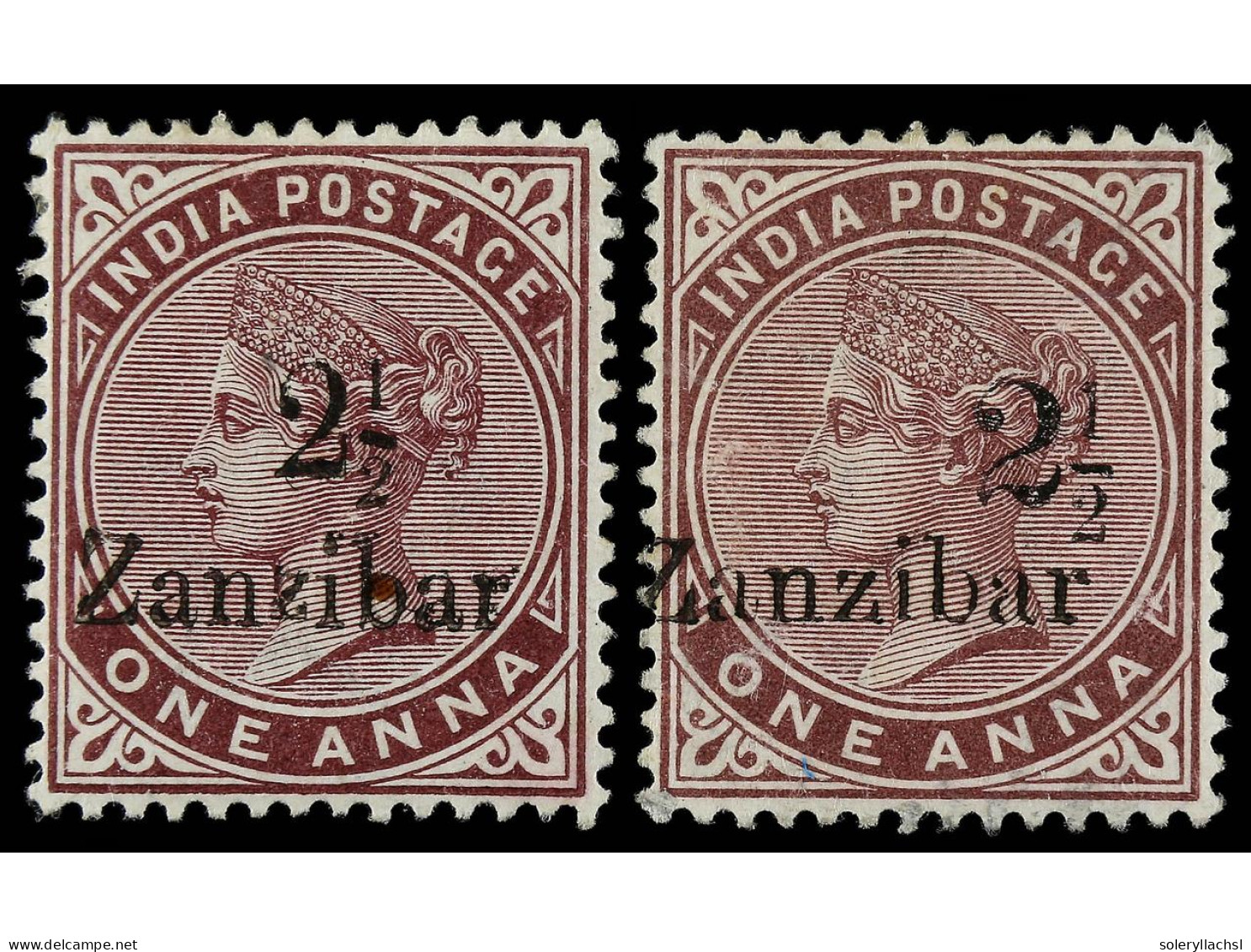 * ZANZIBAR. 1896. 2 1/2 On 1 A. Plum, Surcharged 3 And 5. SG.23, 25. Stanley Gibbons.380£. - Autres & Non Classés