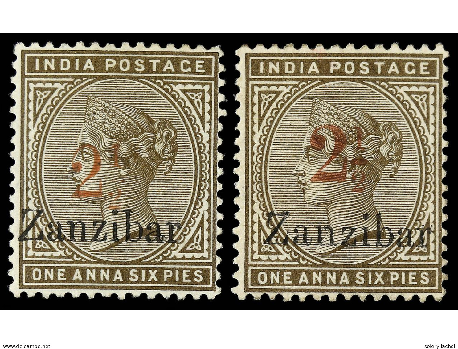 * ZANZIBAR. 1896. 2 1/2 On 1 1/2 A. Sepia, Surcharged 6 And 7. SG.29, 30. Stanley Gibbons.605£. - Autres & Non Classés