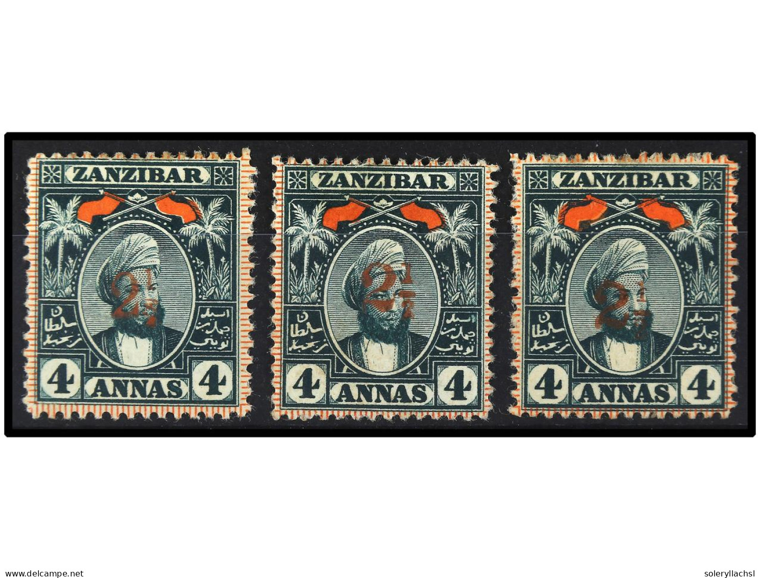 * ZANZIBAR. 1897. THREE Values Overprinted 2 1/2 In Red, Complete Set. Yv. 42 I, II, III. SG.175/7. Stanley Gibbons.500£ - Sonstige & Ohne Zuordnung