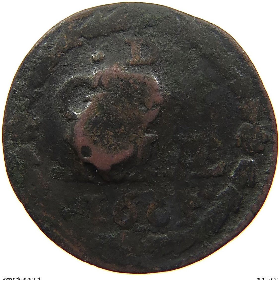 NETHERLANDS GELDERLAND DUIT 1665 COUNTERMARKED M #t027 0457 - Provincial Coinage