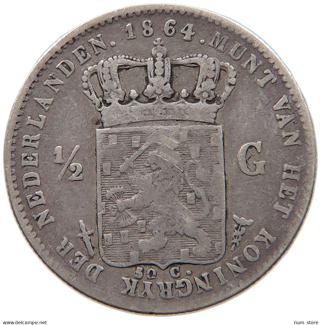 NETHERLANDS 1/2 GULDEN 1864 Willem III. 1849-1890 #t027 0197 - 1849-1890 : Willem III