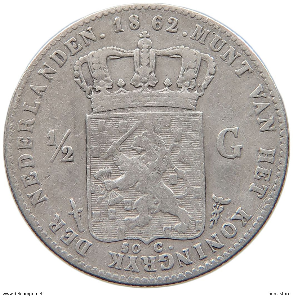 NETHERLANDS 1/2 GULDEN 1862 Willem III. 1849-1890 #t027 0193 - 1849-1890: Willem III.