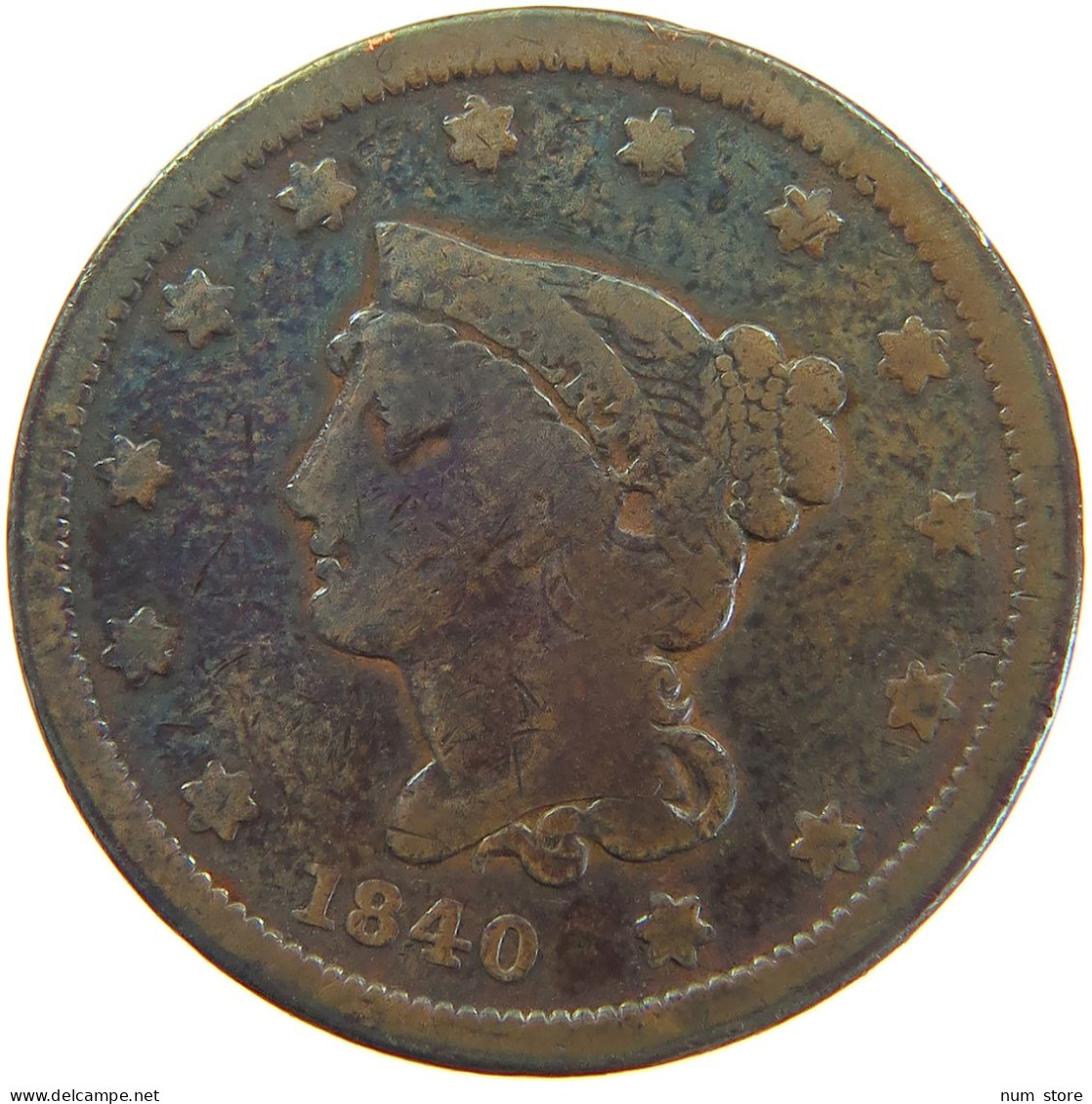 UNITED STATES OF AMERICA LARGE CENT 1840 Braided Hair #t024 0157 - 1840-1857: Braided Hair (Cheveux Tressés)