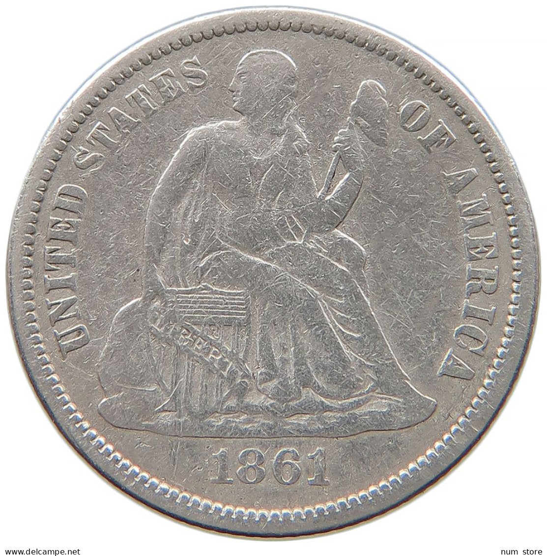 UNITED STATES OF AMERICA DIME 1861 SEATED LIBERTY #t022 0521 - 1837-1891: Seated Liberty (Liberté Assise)