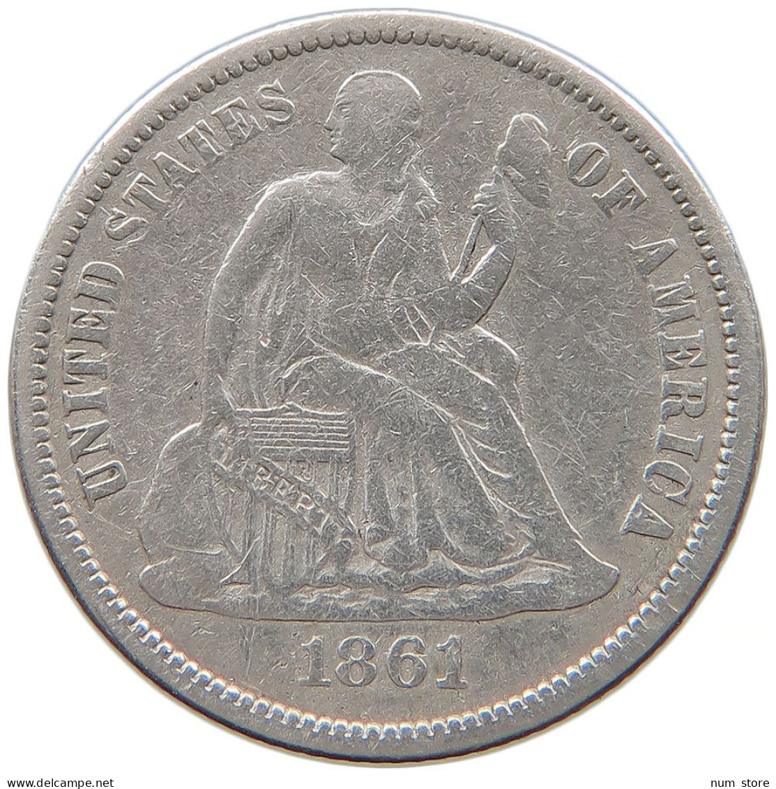 UNITED STATES OF AMERICA DIME 1861 SEATED LIBERTY #t022 0521 - 1837-1891: Seated Liberty (Libertà Seduta)
