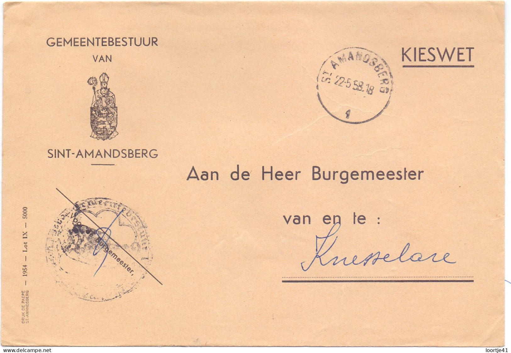 Omslag Enveloppe - Gemeentebestuur Sint Amandsberg - 1958 - Briefe