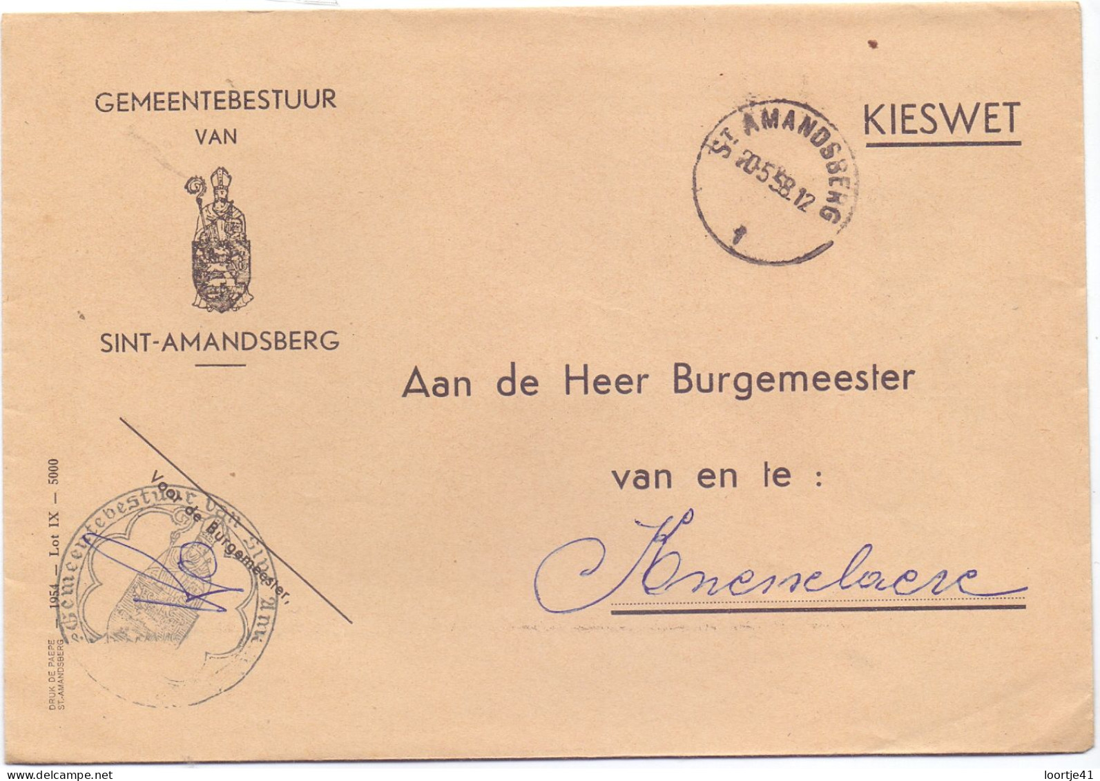 Omslag Enveloppe - Gemeentebestuur Sint Amandsberg - 1958 - Briefe