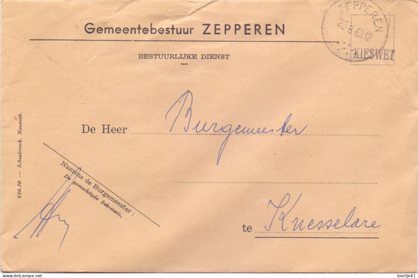 Omslag Enveloppe - Gemeentebestuur Zepperen - 1963 - Enveloppes