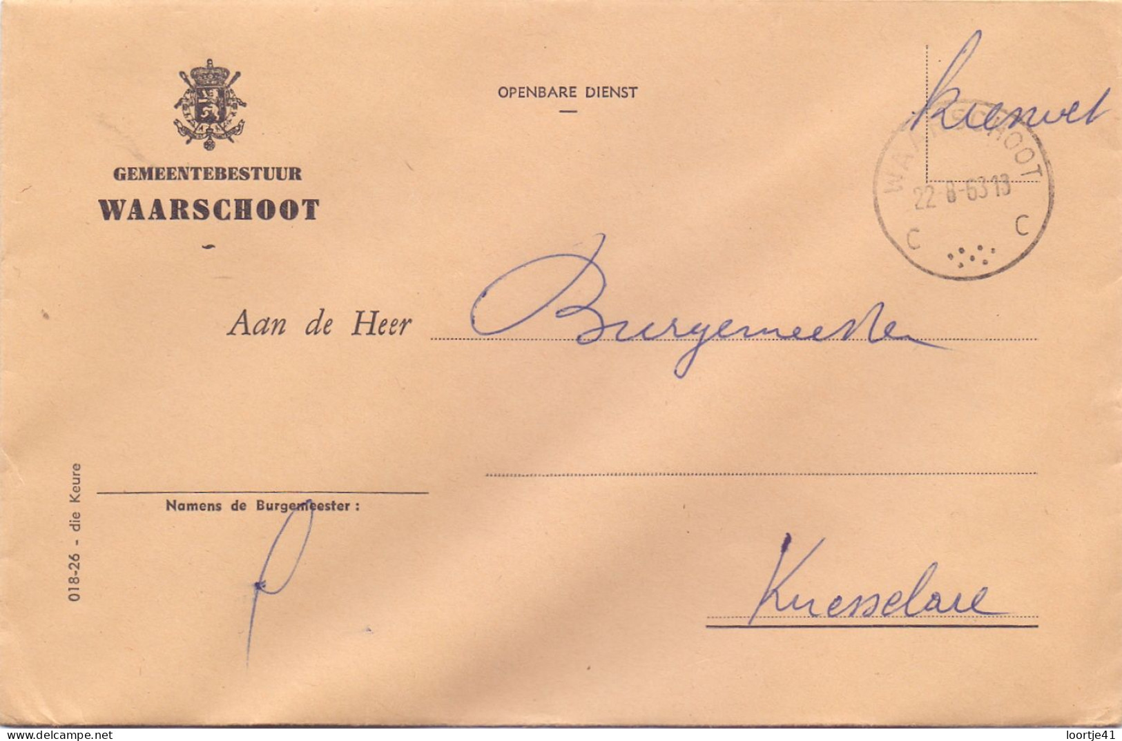 Omslag Enveloppe - Gemeentebestuur Waarschoot - 1963 - Buste