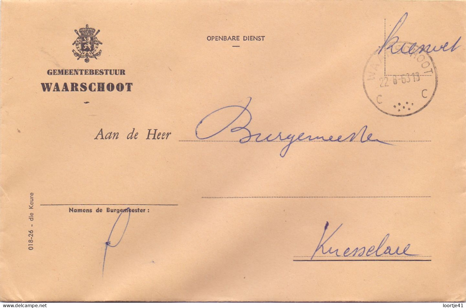 Omslag Enveloppe - Gemeentebestuur Waarschoot - 1963 - Enveloppes