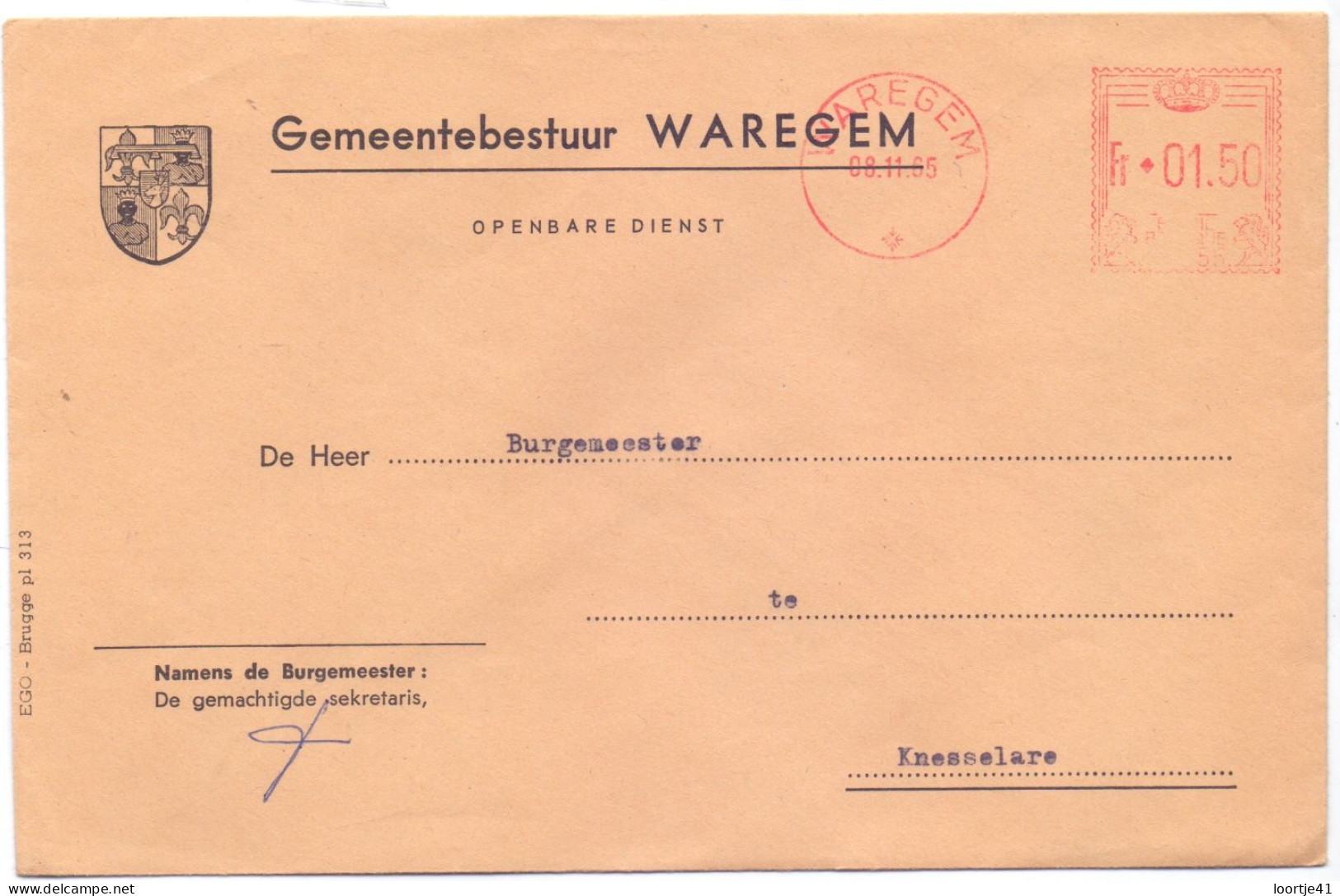 Omslag Enveloppe - Gemeentebestuur Waregem - 1965 - Enveloppes