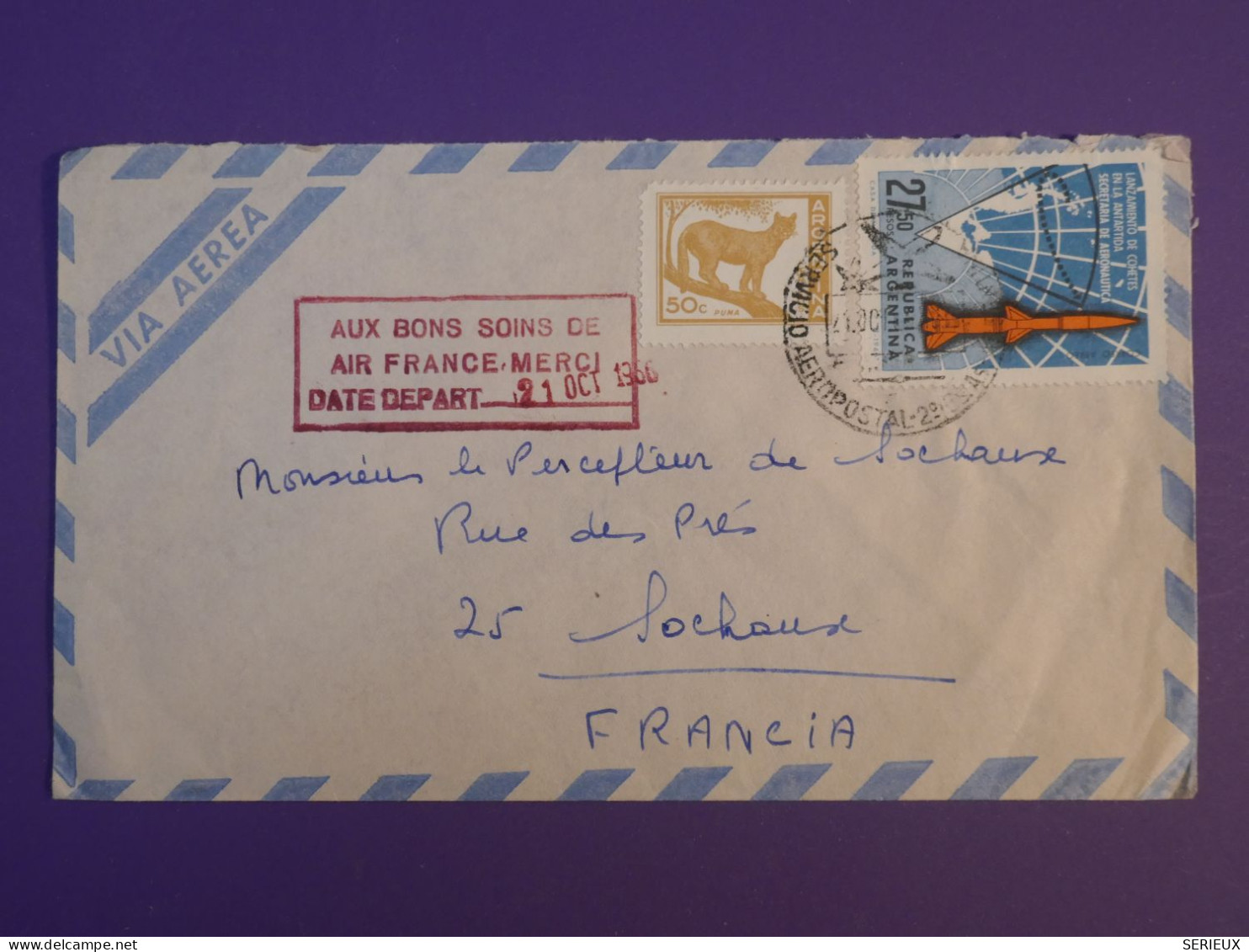 DA18 ARGENTINA   BELLE LETTRE 1966  A SOCHAUX  FRANCE ++ + AFF. INTERESSANT++ - Airmail