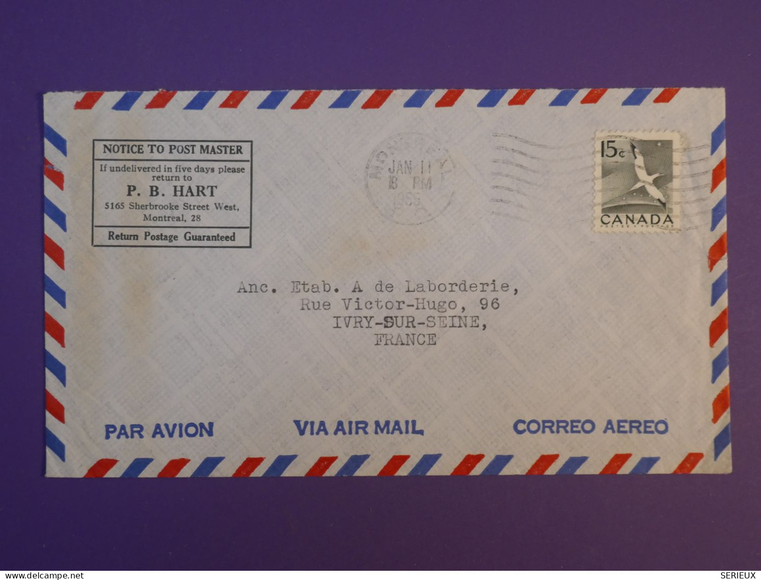 DA18 CANADA   BELLE LETTRE 1955  A  IVRY  FRANCE  PARIS ++ + AFF. INTERESSANT++ - Posta Aerea