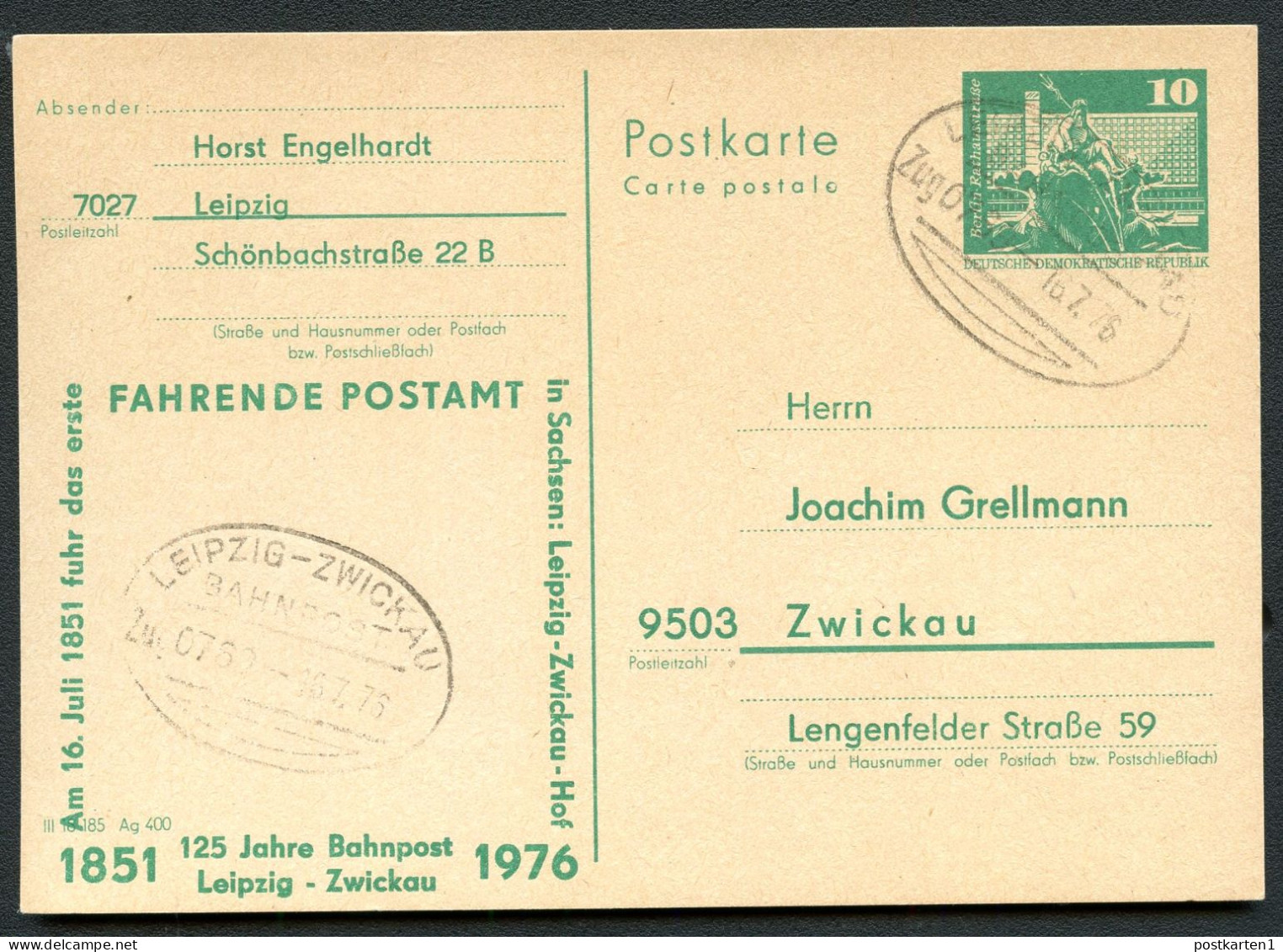 DDR P79-3b-76 C31-b Postkarte PRIVATER ZUDRUCK 125 Jahre Bahnpost Leipzig-Zwickau 1976 - Postales Privados - Usados