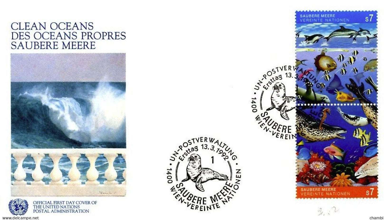 ONU Vienne 1 FDC 1992 Série Marine Life Coquillages Schell Poissons - Cartas & Documentos